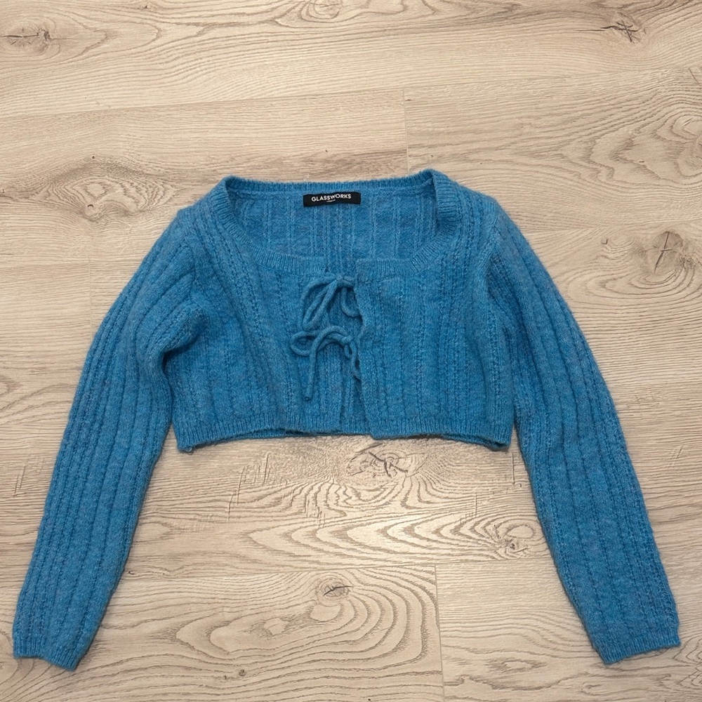Glassworks London Blue Cropped Tie-Front Cardigan